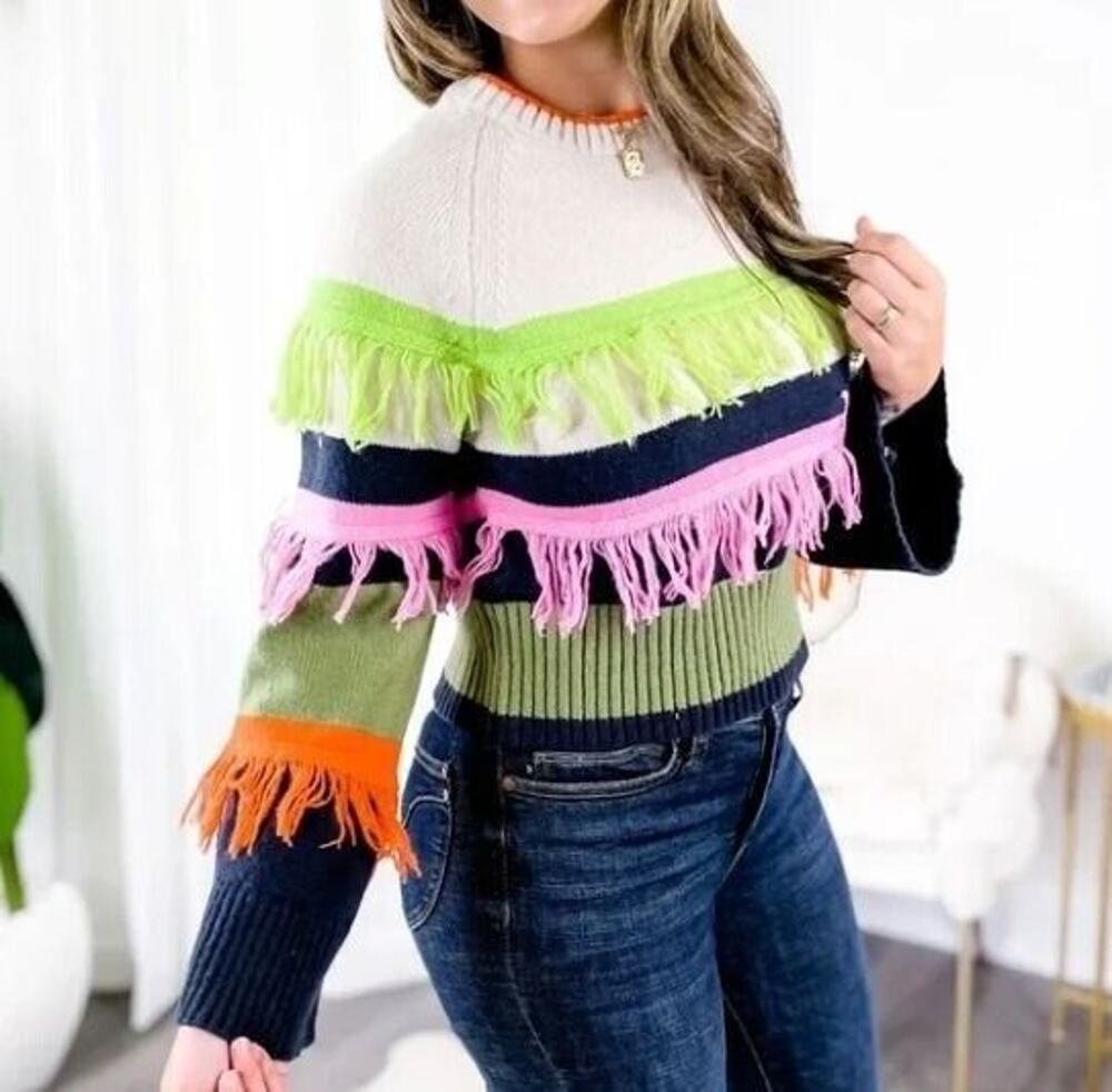 Davi & Dani Striped Boho Colorful Fringe Cropped Sweater Sz M